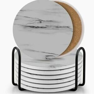 Eagmak Marble Ceramic Drink Coasters Set Absorbent Cork Back 8 Coasters NIB